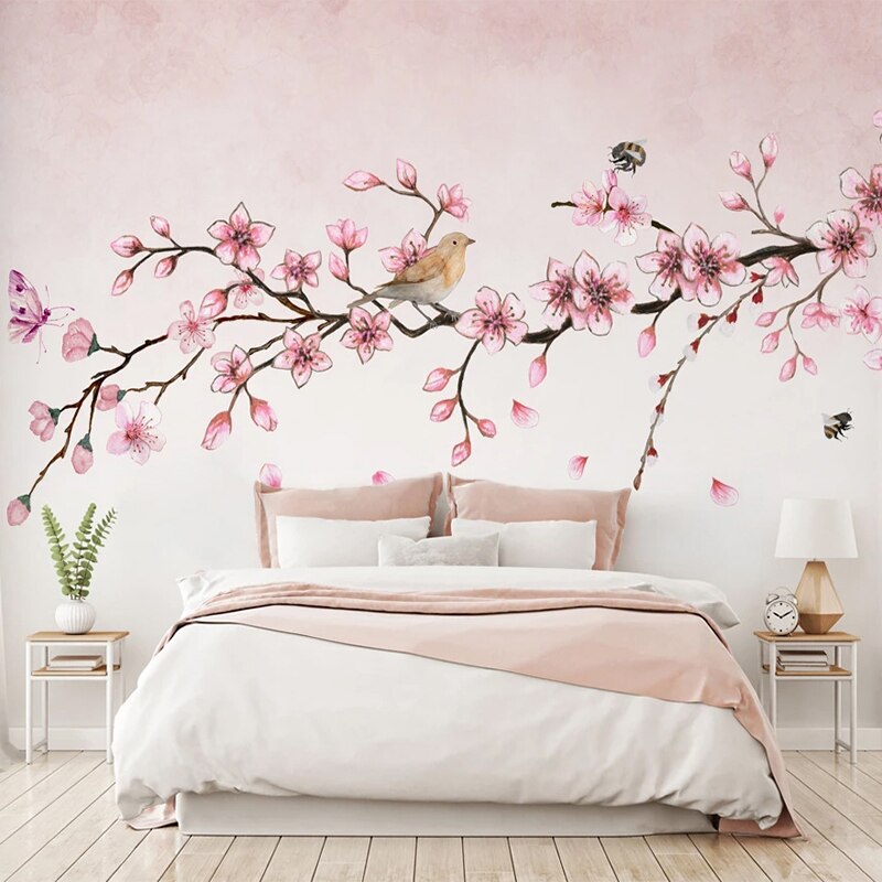 Custom Mural Wallpaper Pink Flowers Butterflies Bird