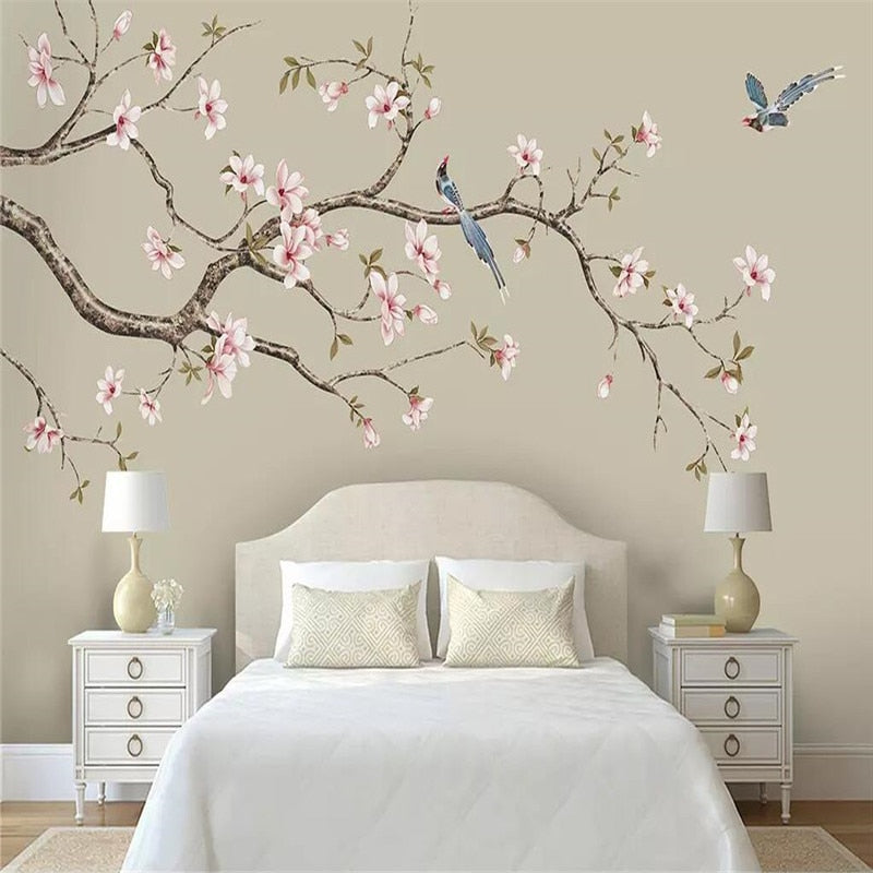 Custom Mural Wallpaper Magnolia Flowers And Birds 