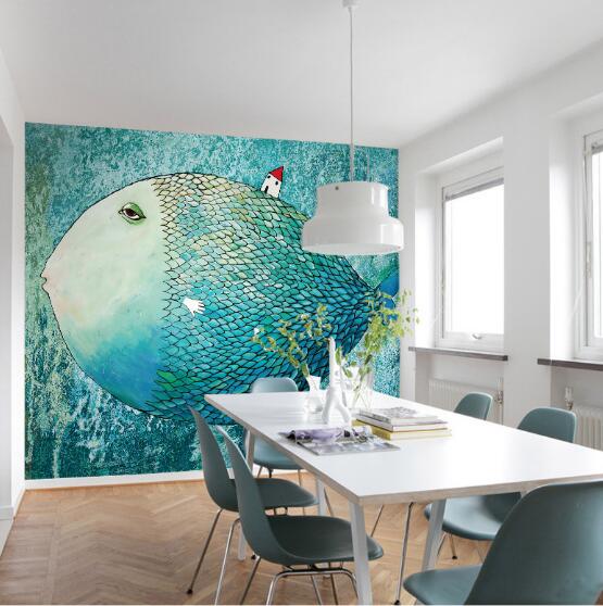 Blue Fish Removable Wallpaper, Beach Wall Decor, Cabin Wallpaper