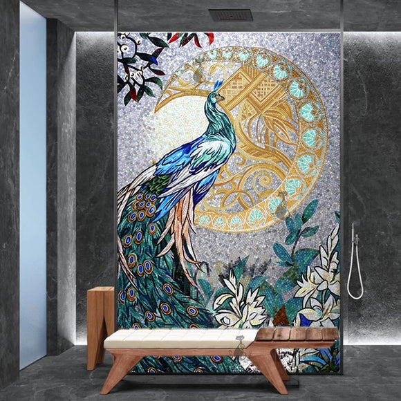 Custom Luxury Glass Mosaic Mural Peacock Moon