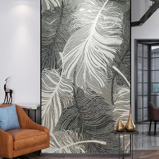 Custom Luxury Glass Mosaic Mural Feather Grey