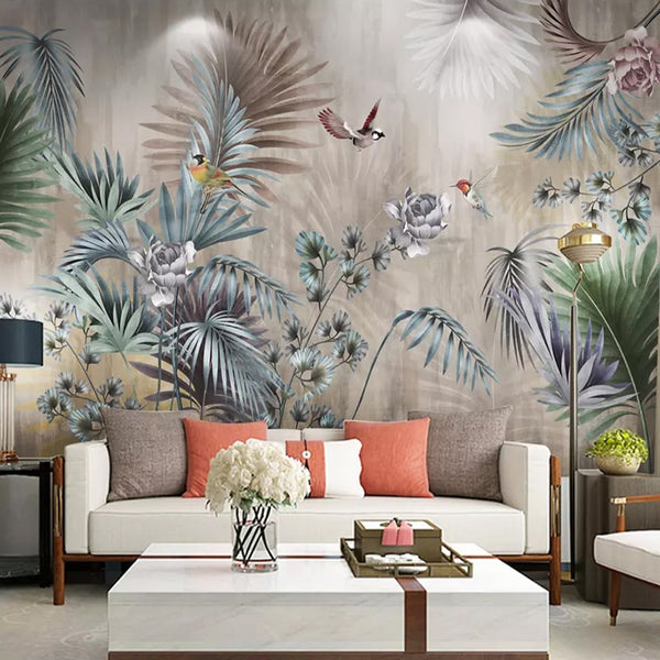 Custom Wallpaper Mural Retro Plant Leaves Flowers Birds | BVM Home